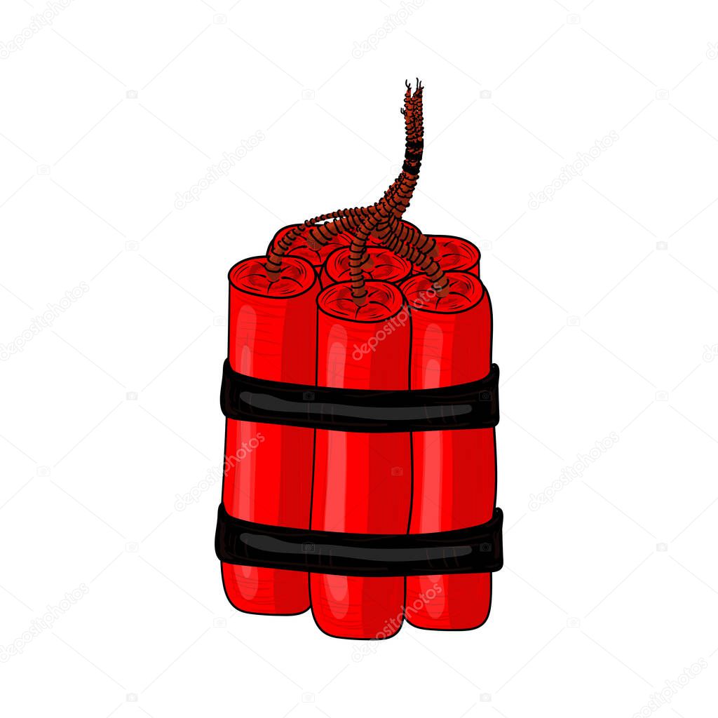 Red dynamite sticks with wick isolated on white background. Vector stock illustration of TNT weapon before explosion moment. Cartoon dynamite stick hand drawn sketch style.