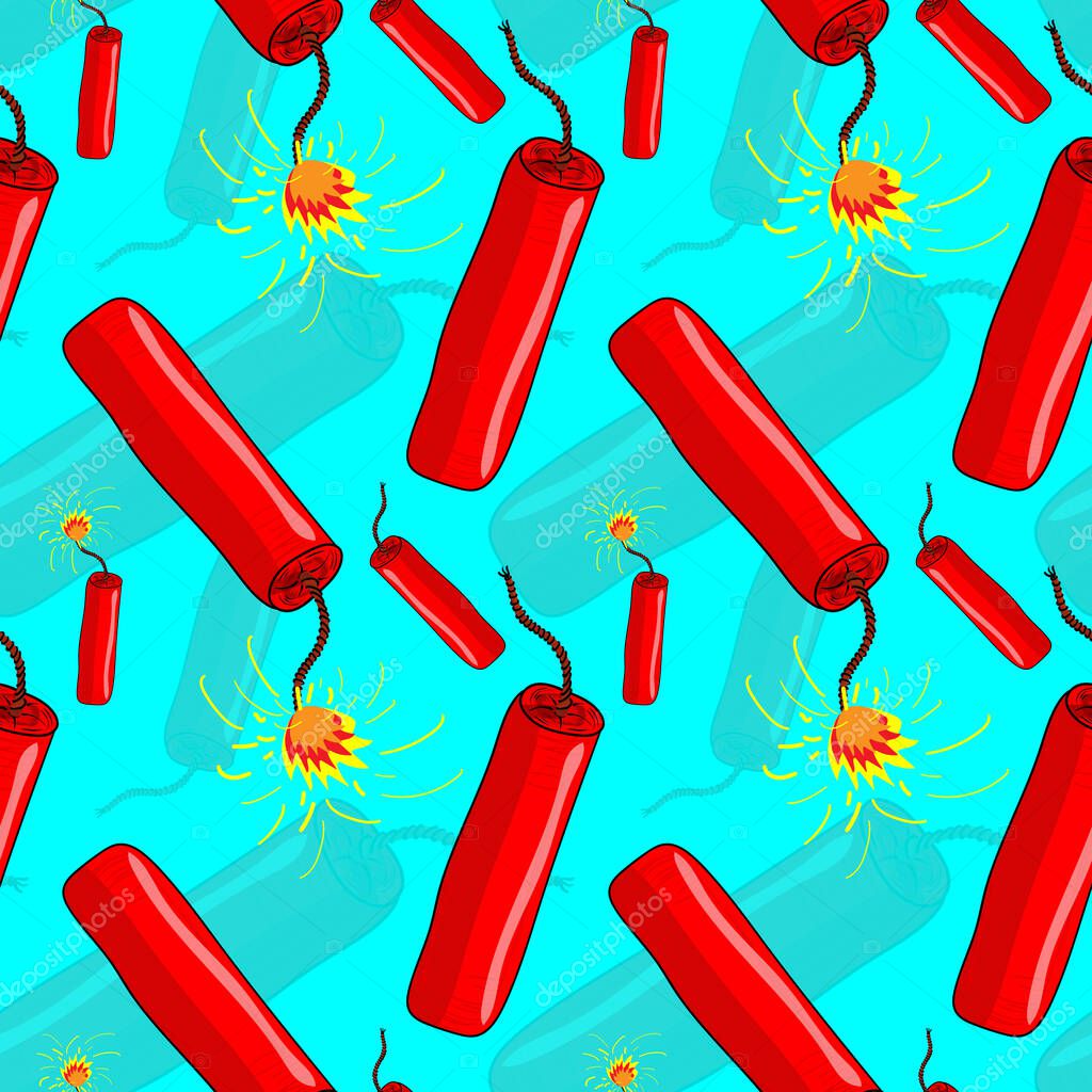 Seamless pattern vector illustration with colorful dynamite icons in cartoon style isolated on bright blue background. TNT Red Stick. Design for textile, print, wrapping paper ets.