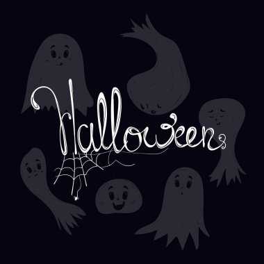 Cadılar Bayramı vektör stok çizimi siyah arkaplanda izole. El çizimi yaratıcı beyaz el yazısı, örümcek ağı ve sevimli hayaletler. Tebrik kartı, tekstil, davetiye, el ilanları, posterler vs. için tasarım.