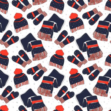 Eşarp, eldiven ve kış şapkasının kusursuz deseni. Kış örgüsü. Beyaz arkaplanda vektör hisse senedi çizimi izole edildi. Sıcak giysi öğesi.