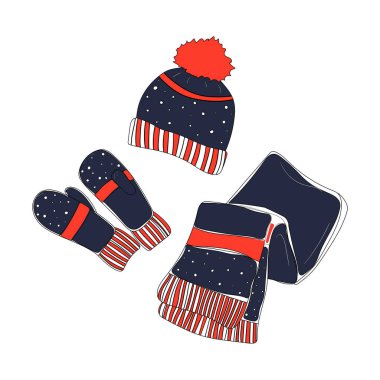Kışın çizilen eşarp, eldivenler ve kış şapkası ikonları. Kış çizgileri ördüm. Beyaz arkaplanda vektör hisse senedi çizimi izole edildi. Sıcak giysi öğesi.