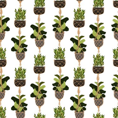 Beyaz arka planda izole edilmiş elle çizilmiş tropikal ev bitkilerine sahip vektörsüz desen. Ev bitkilerinin otun üzerindeki düz renkli vektör çizimi. Kumaş tasarımı, tekstil, ambalaj kağıdı vs..
