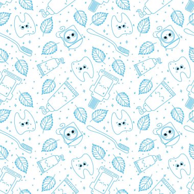 Vektör pürüzsüz desen - kawaii el çizimi dişçi seti nesneler. Diş fırçası, diş ipi, diş ipi, gargara, diş macunu ve nane yapraklı güzel bir çizim..