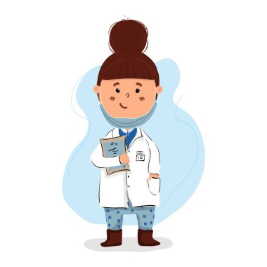 Şirin çizgi film doktoru sana bir şey gösterdi. Vektör illüstrasyonu beyaz arkaplanda izole edildi.