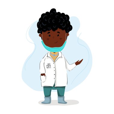 Şirin çizgi film doktoru sana bir şey gösterdi. Vektör illüstrasyonu beyaz arkaplanda izole edildi.