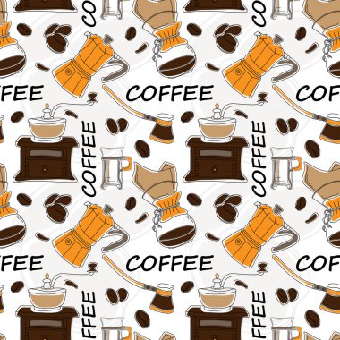 Beyaz arka planda izole edilmiş farklı kahve elementlerinin çizimiyle kusursuz bir serbest el vektör dizaynı..