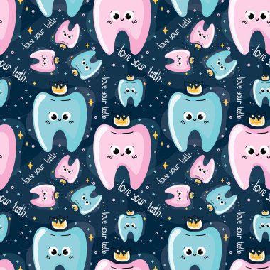Koyu arka planda sarı taçlı, pembe ve mavi dişli, kusursuz, çizgili karikatür deseni. Mektuplar dişlerini sever..