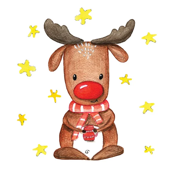 Suluboya Noel çizimi geyiği. Noel kartları. Kış tasarımı Mutlu Noeller.!