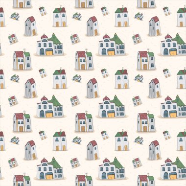 Kusursuz çizim - farklı evlerin el çizimi desenleri, karalama grafikleri, İskandinav tarzında giyinme, duvar kağıdı, ambalaj, sütlü arka planda tekstil.