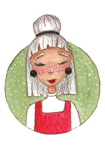 Cute girl has a white hair in red and white t-shirt clothes on green background. Watercolor illustration.