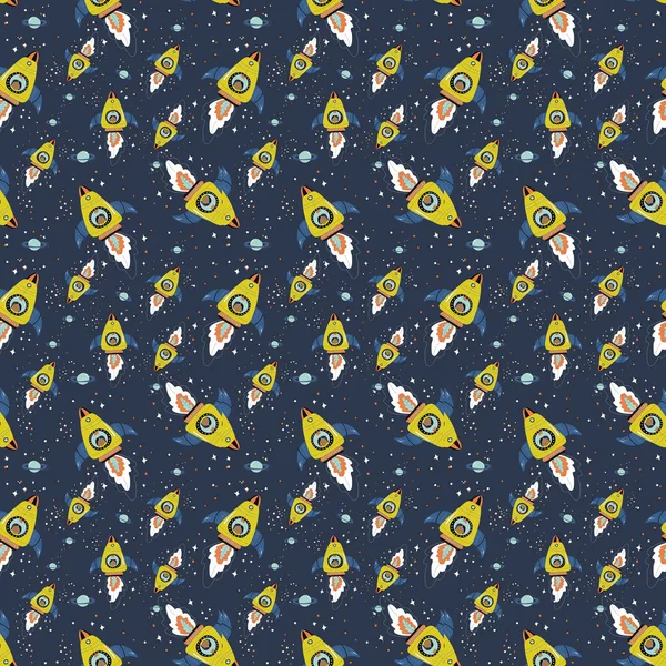 Seamless pattern with astronaut kid and cat in rocket ships. illustration, scandinavian style. Stars, planet. Children textile,t-shirt print,bed linens,fabric,wallpaper,paper,back to school