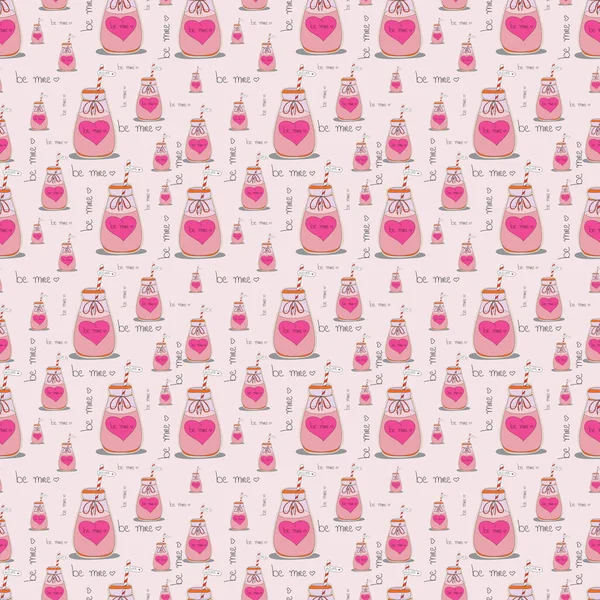 Seamless food pattern. Cartoon hand drawn glass of strawberry smoothie isolated on white background. Doodle flat illustration for textile, wallpaper, clothes. Colored sweet drink with tube