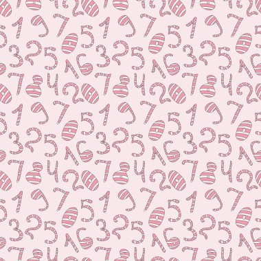 İskandinav tarzında kusursuz bir desen. 0 'dan 9' a sevimli pembe ve beyaz sayılar, pembe arka planda izole edilmiş. El çizimi karalama çizimi. Güzel iz..