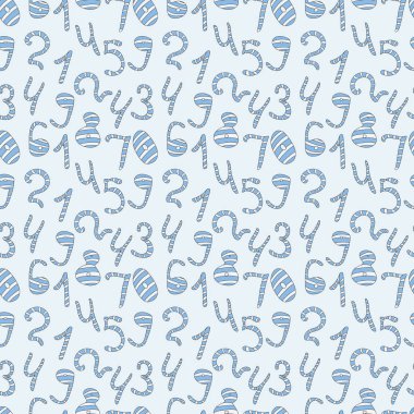 İskandinav tarzında kusursuz bir desen. Mavi arkaplanda 0 'dan 9' a kadar izole edilmiş şirin mavi ve beyaz sayılar. El çizimi karalama çizimi. Güzel iz..