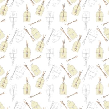 Beyaz arka planda izole edilmiş ahşap çubukları olan zarif el yapımı aromatik difüzörlerin kusursuz deseni. Stok illüstrasyonu