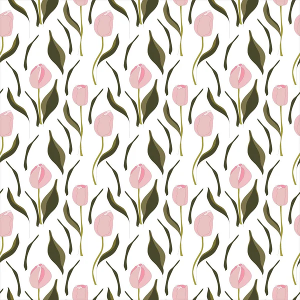 Seamless pattern of pink tulips branches isolated on white background. Stock vector illustration