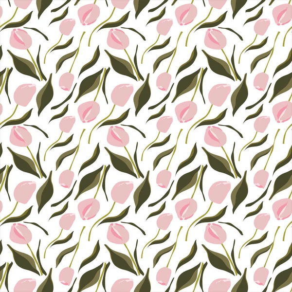 Seamless pattern of pink tulips branches isolated on white background. Stock vector illustration