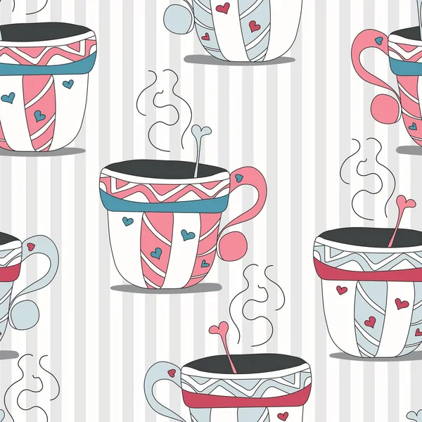 Patrón Sin Costuras Con Tazas Dibujos Animados Garabatos Pastel Ilustración — Vector de stock