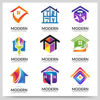 Modern inşaat logosu koleksiyonu. Grafik tasarım elementi. Vektör illüstrasyonu