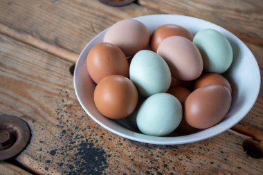 Tahta bir masada beyaz bir kasede doğal renklerde tavuk yumurtası.