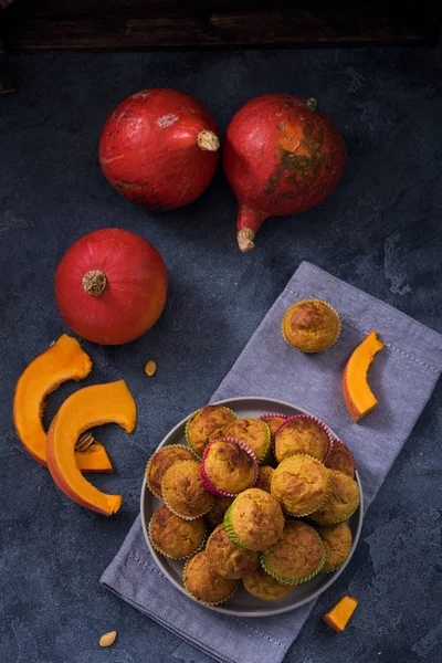 Pumpkin Muffins Hösten Säsongsbetonad Matlagning Hälsosam Bakade Efterrätt — Stockfoto