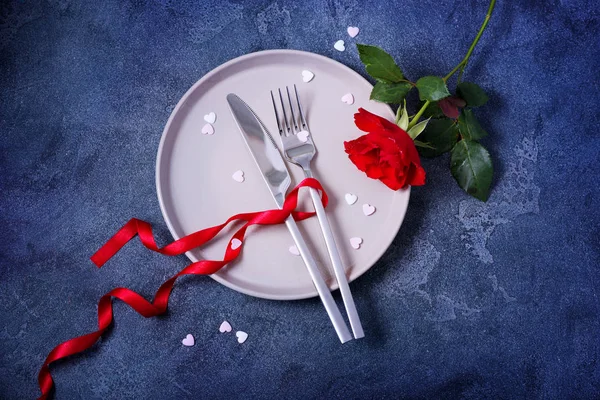 Romantic dinner concept with rose and heart love symbols, saint vlentine day dinner invitation