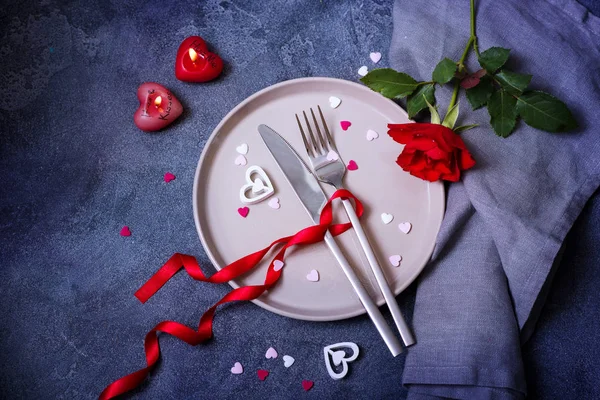 Saint Valentine Dinner concept with rose and heart love symbols, romantic dinner invitation