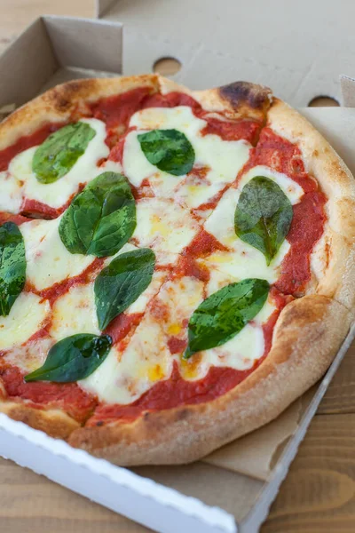 Rustic Pizza Salami Mozzarella Olives Basil Top View Copy Space — Stock Photo, Image