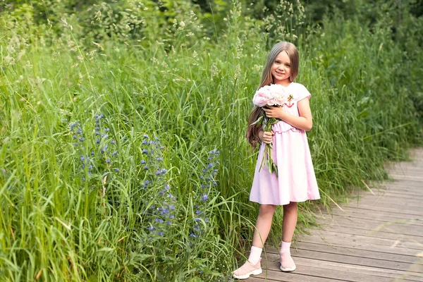 Красивая Маленькая Девочка Длинными Светлыми Волосами Розовом Платье Против Красивого — стоковое фото