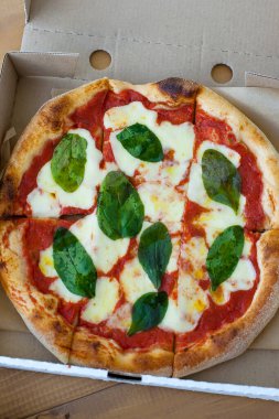 Tahta masada domatesli, peynirli ve mantarlı taze pizza.