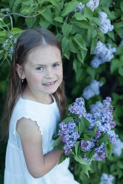 小さな女の子は美しい晴れた日にライラックの花束を持っています 可愛いです女の子屋外で咲く庭で — ストック写真