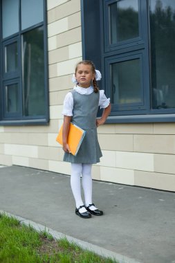 Kitapları olan güzel bir kız okulun ilk günü için hazır. Bilgi günü. 1 Eylül.