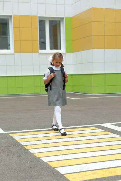 Volta Escola Uma Menina Está Andando Uma Travessia Pedestres Para — Fotografia de Stock