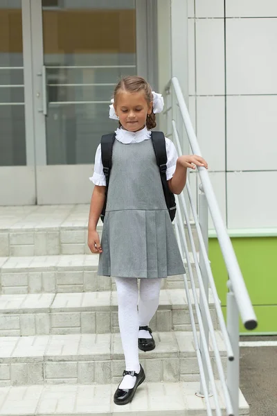 Schoolgirl Textbooks Backpack Walking School Education September — Stock Photo, Image