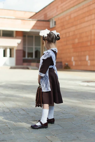 Little Girl Street Form Ussr Briefcase Girl Form September Soviet — Stock Photo, Image