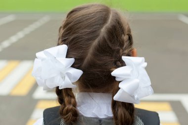 Fiyonklu bir kız arkası dönük durur ve okulun ilk günü okula bakar. okul.