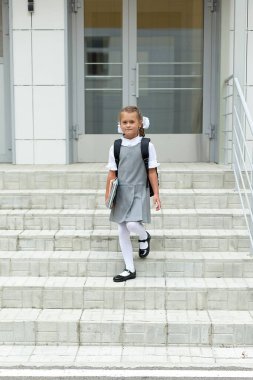 Birinci sınıf öğrencisi okulun merdivenlerinden yukarı çıkar. Bilgi günü. 1 Eylül.