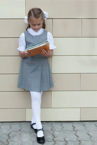 ノートとリュックを持った少女が学校の近くに立っています 1年生 知識の日 — ストック写真
