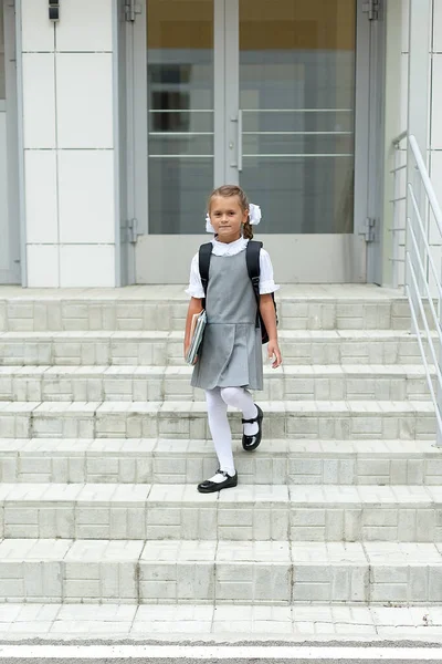 Aluno Primeiro Ano Sobe Degraus Escola Dia Conhecimento Setembro — Fotografia de Stock