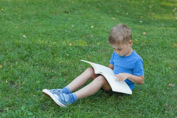 Uma criança pequena lê um livro deitado na grama no Parque. Educação — Fotografia de Stock