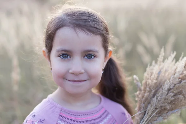Kleines Mädchen Einem Weizenfeld Mädchen Mit Ähren Den Händen Bild — Stockfoto