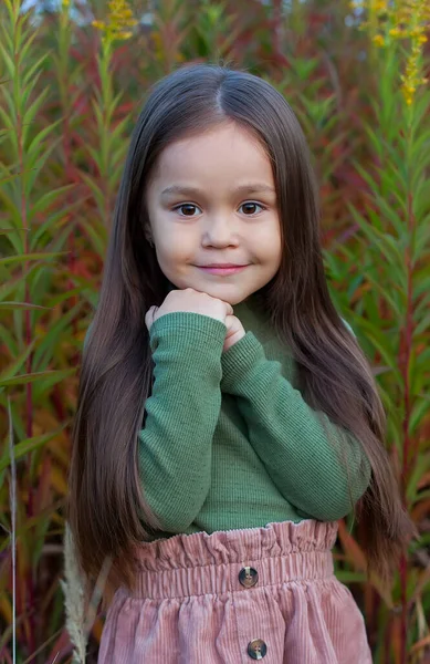 Retrato Uma Menina Bonita Com Cabelos Longos Escuros Parque Menina — Fotografia de Stock