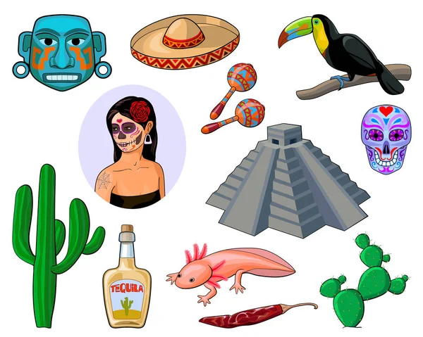 Ensemble d'icônes de dessin animé représentant le Mexique — Image vectorielle