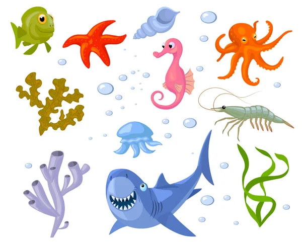 Набор мультяшных морских животных и сорняков — стоковый вектор