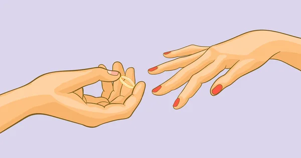 Verlobte Hände mit Ring, Pop-Art-Illustration — Stockvektor
