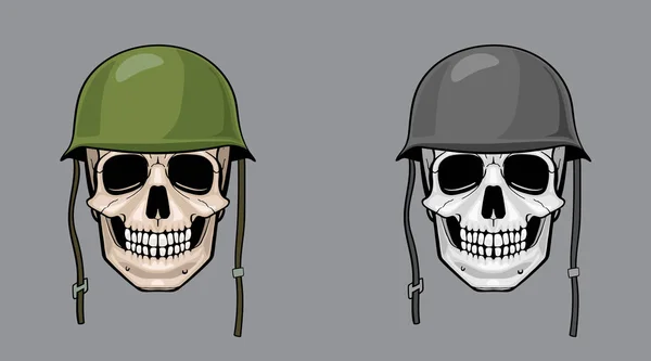 Cráneo en casco del ejército, colorido y escala de grises — Vector de stock