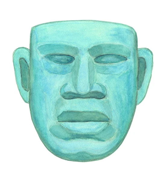 Стародавня нефритова латиноамериканська маска, ілюстрація кольору води — стокове фото