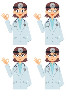 Kafasında ayna olan ve steteskopu olan 4 kadın doktor..