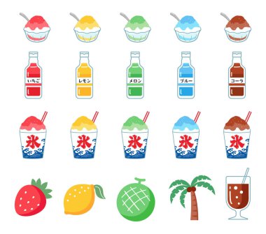 5 çeşit şerbetli buzdan oluşan bir resim seti. Çilek aromalı, limon aromalı, kavun aromalı, mavi Hawaii aromalı, kola aromalı.