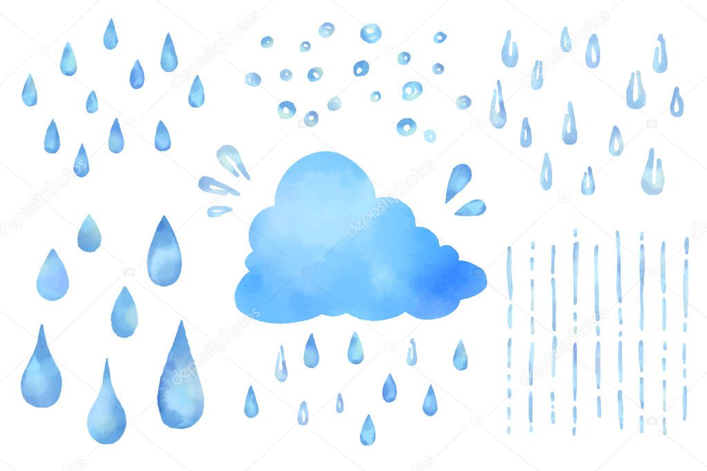 Set of watercolor vector illustrations of cute clouds and rain drops.